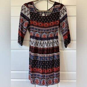 Feathers Boho Print Dress Womens Medium 3/4 Sleeve Red Blue Black Paisley Small